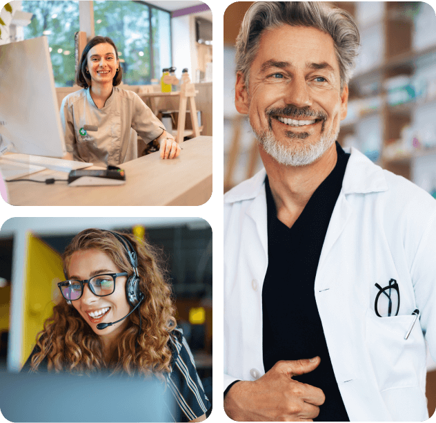 cs-team-collage Collage of three professionals: a smiling woman in a pharmacy uniform at a counter, a cheerful older man with gray hair and beard in a white lab coat, and a young woman with curly hair and glasses wearing a headset, working at a computer.