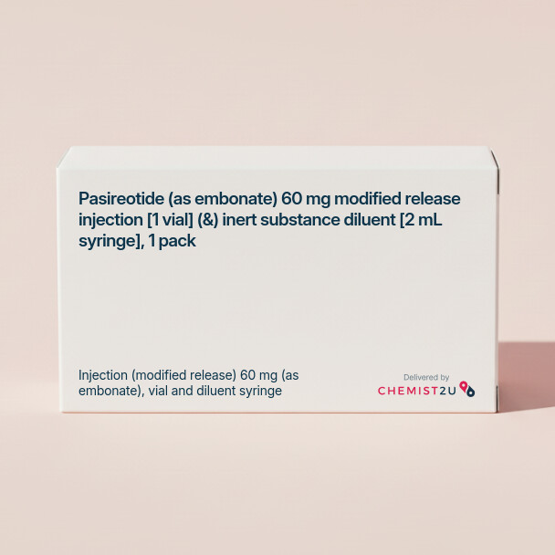 White plastic cylindrical medication container with Chemist2U logo.