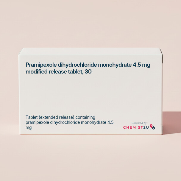 White plastic cylindrical medication container with Chemist2U logo.