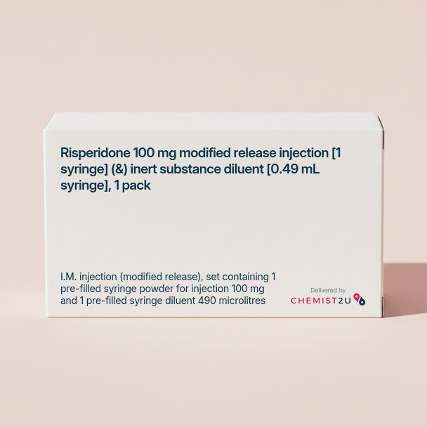 White plastic cylindrical medication container with Chemist2U logo.