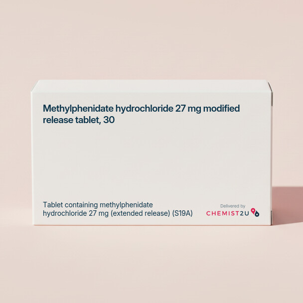 White plastic cylindrical medication container with Chemist2U logo.