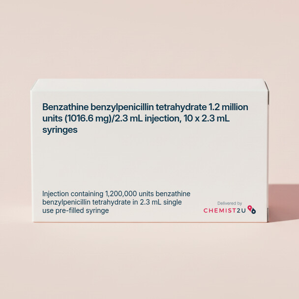 White plastic cylindrical medication container with Chemist2U logo.