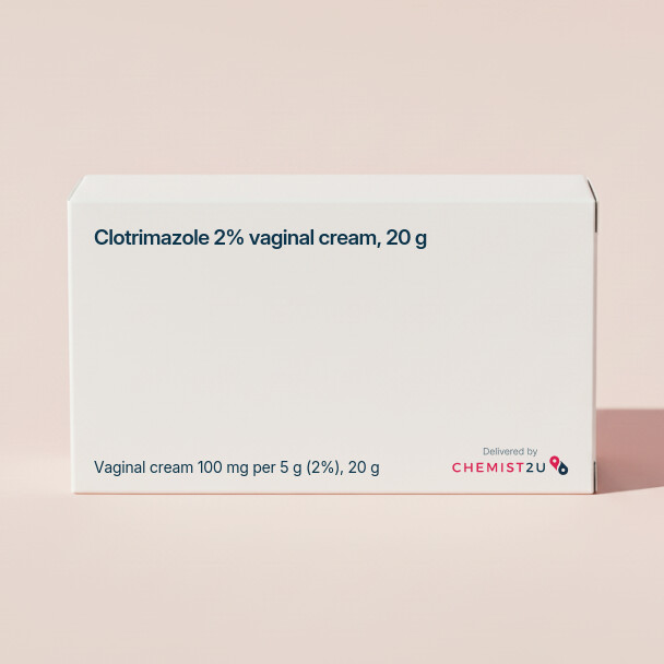 White plastic cylindrical medication container with Chemist2U logo.