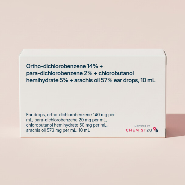 White plastic cylindrical medication container with Chemist2U logo.