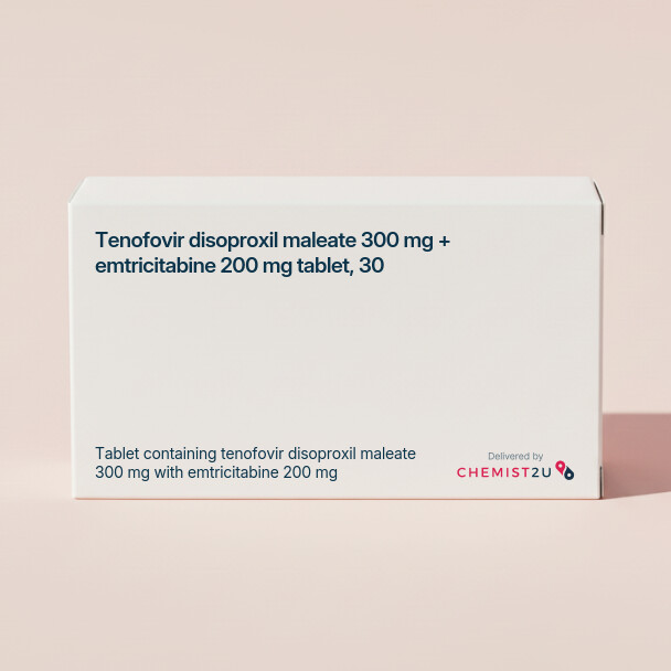 White plastic cylindrical medication container with Chemist2U logo.