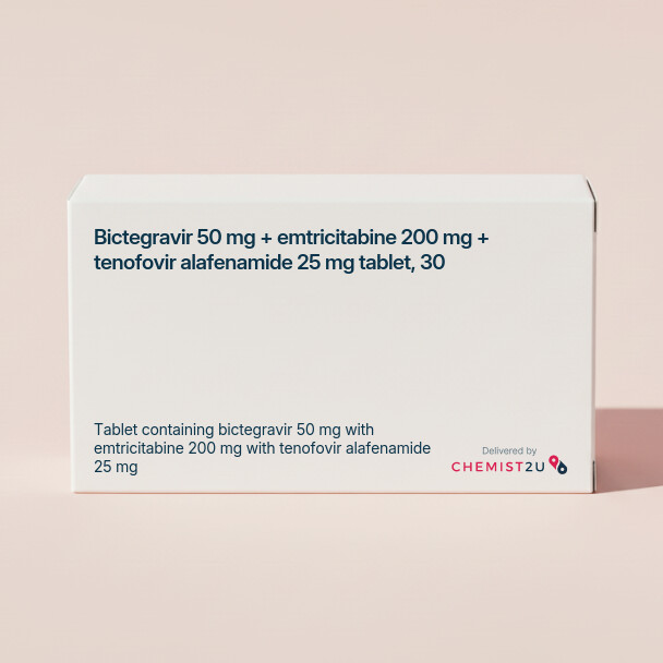 White plastic cylindrical medication container with Chemist2U logo.