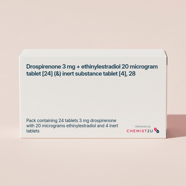 White plastic cylindrical medication container with Chemist2U logo.