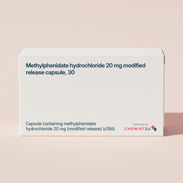 White plastic cylindrical medication container with Chemist2U logo.