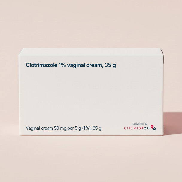 White plastic cylindrical medication container with Chemist2U logo.