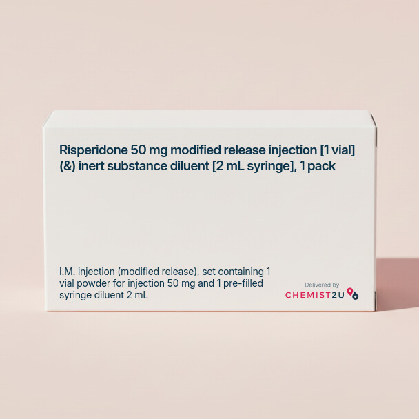 White plastic cylindrical medication container with Chemist2U logo.