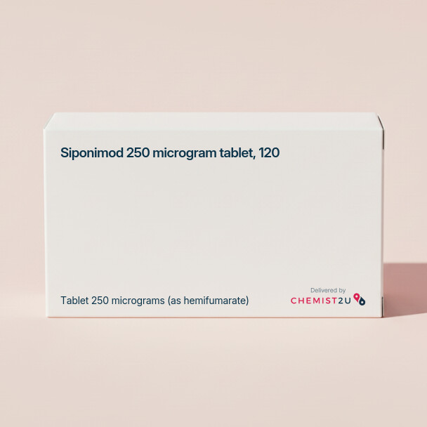 White plastic cylindrical medication container with Chemist2U logo.