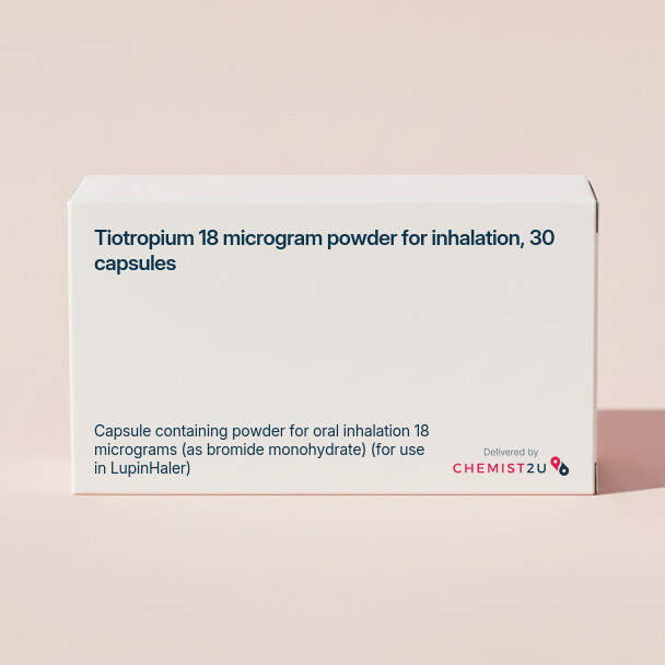 White plastic cylindrical medication container with Chemist2U logo.