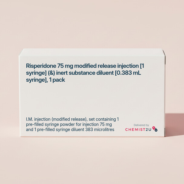 White plastic cylindrical medication container with Chemist2U logo.