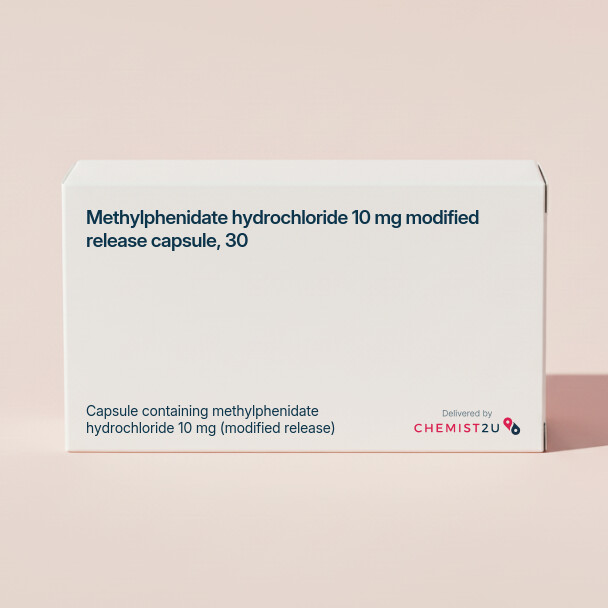 White plastic cylindrical medication container with Chemist2U logo.