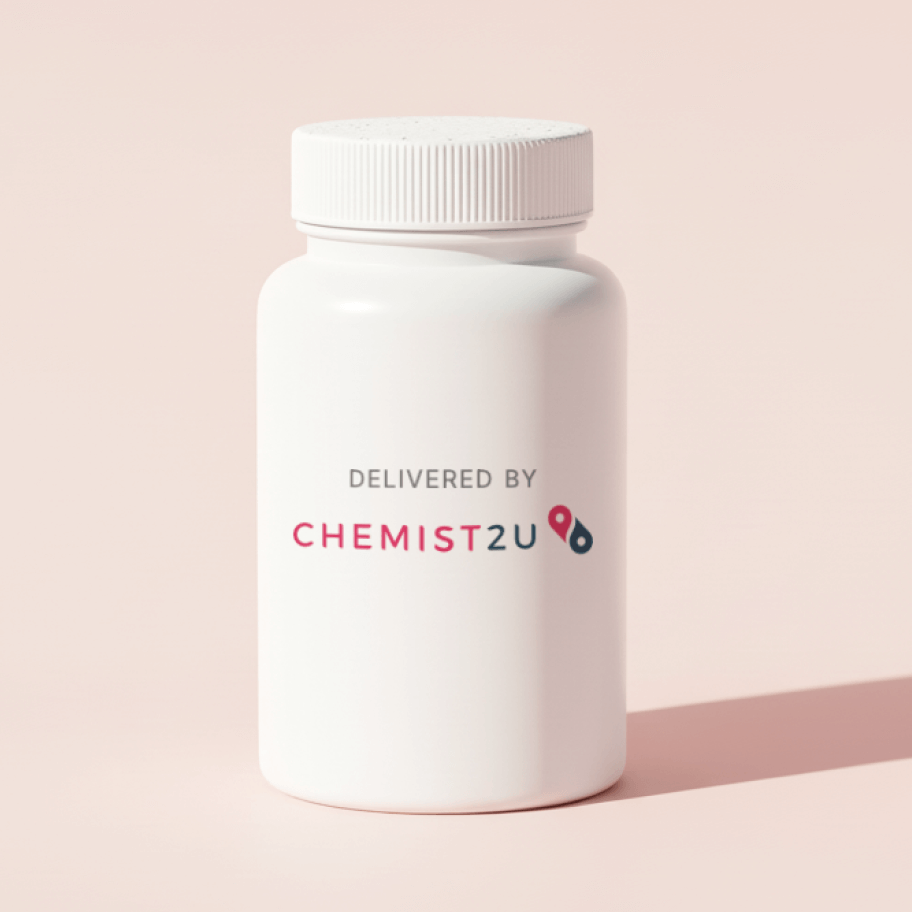 White plastic cylindrical medication container with Chemist2U logo.