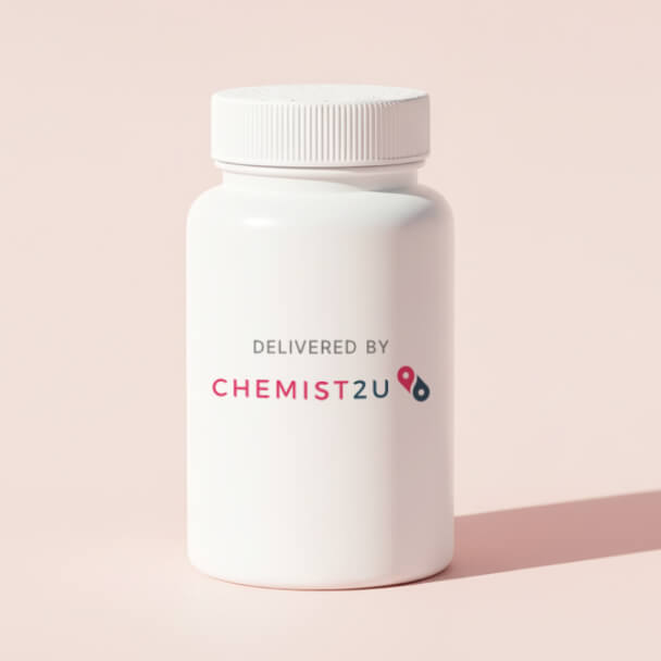 White plastic cylindrical medication container with Chemist2U logo.