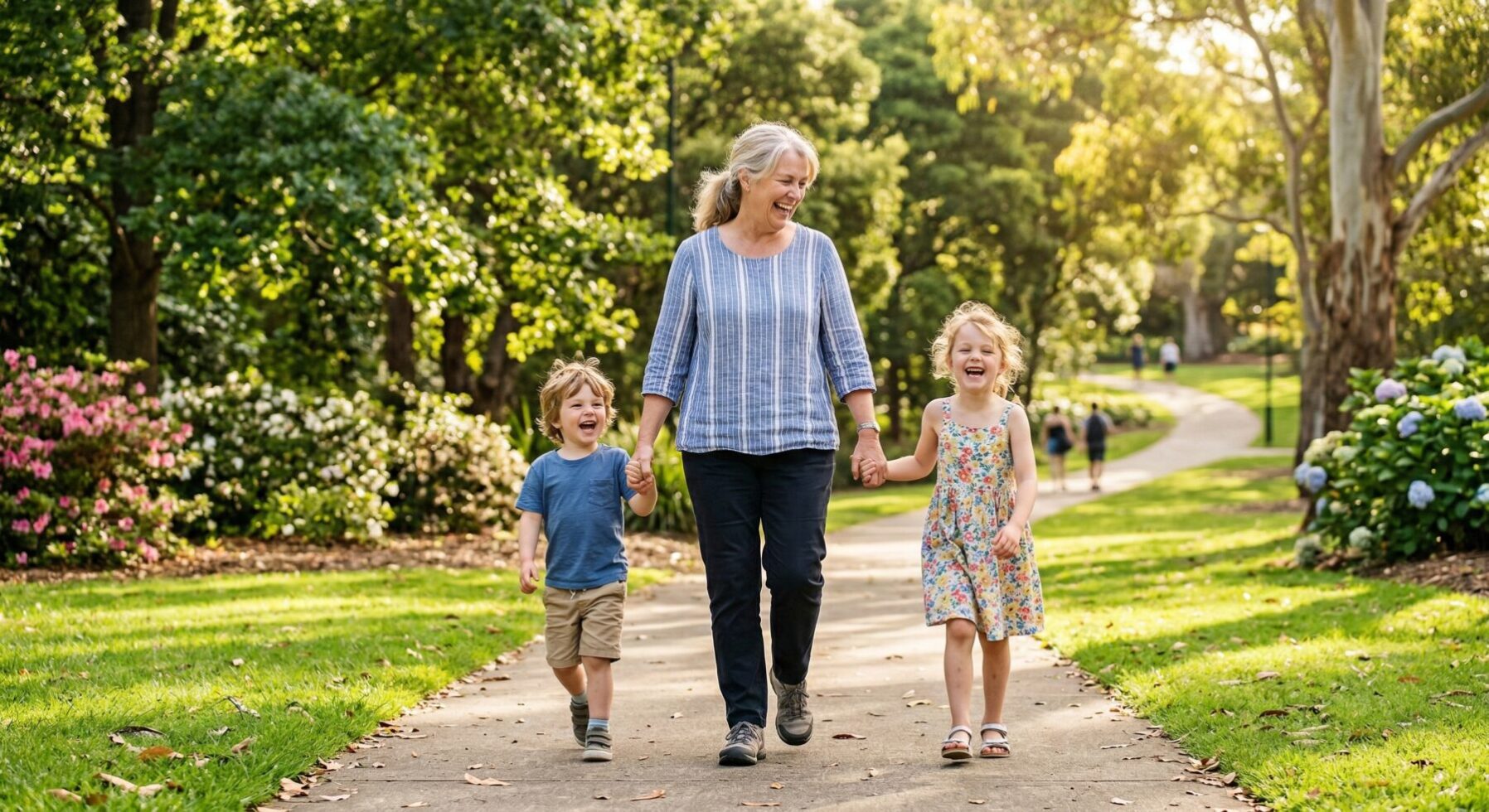 Grandmother walking in the park with grandchildren