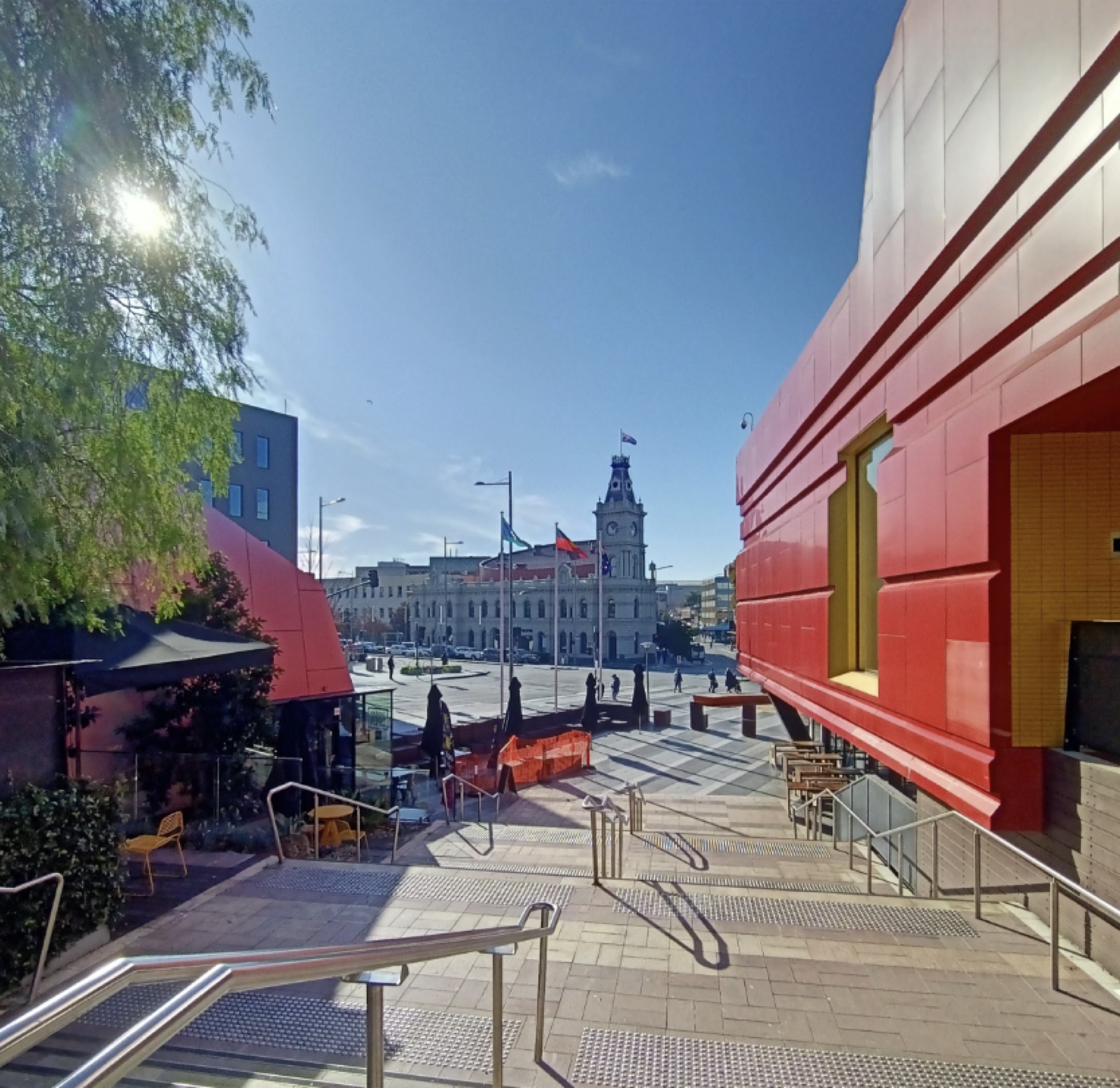 Dandenong Civic Square with the heritage Town Hall clock tower and Drum Theatre