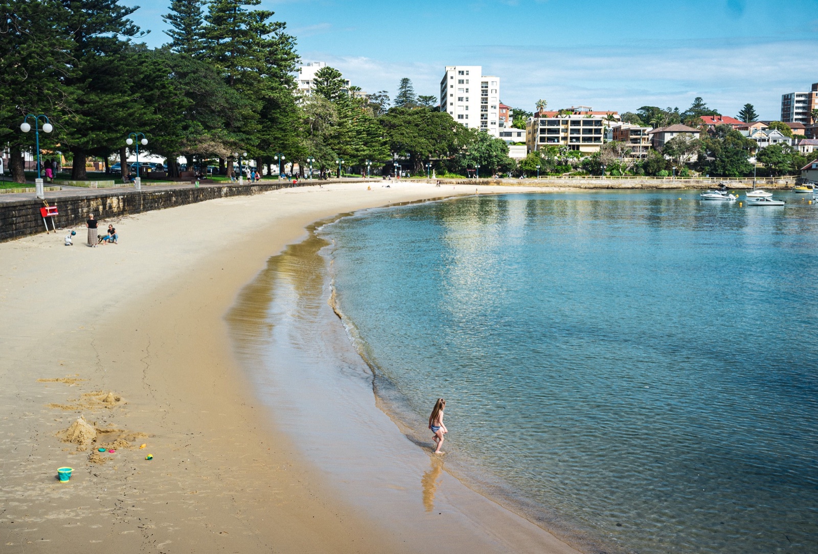 Manly Cove beach and harbourside promenade looking toward the ferry side, Northern Beaches Sydney