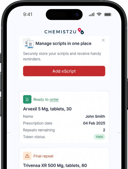 Chemist2U My Scripts app showing active orders, delivery tracking and address details