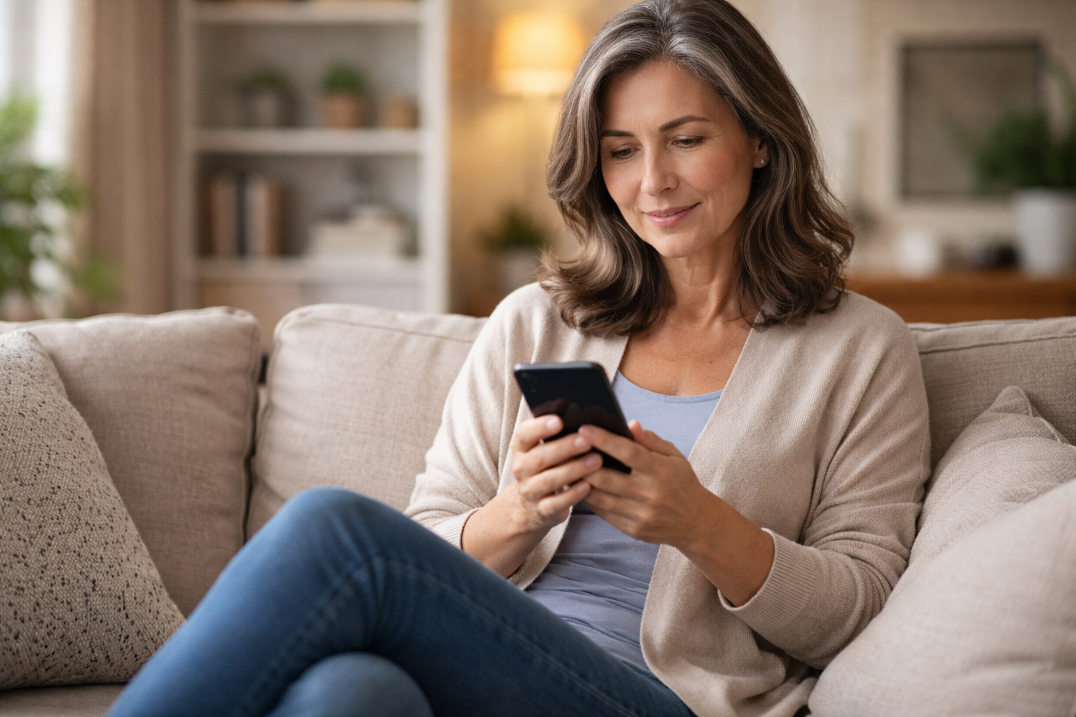 Woman relaxing on couch using phone to complete eligibility quiz