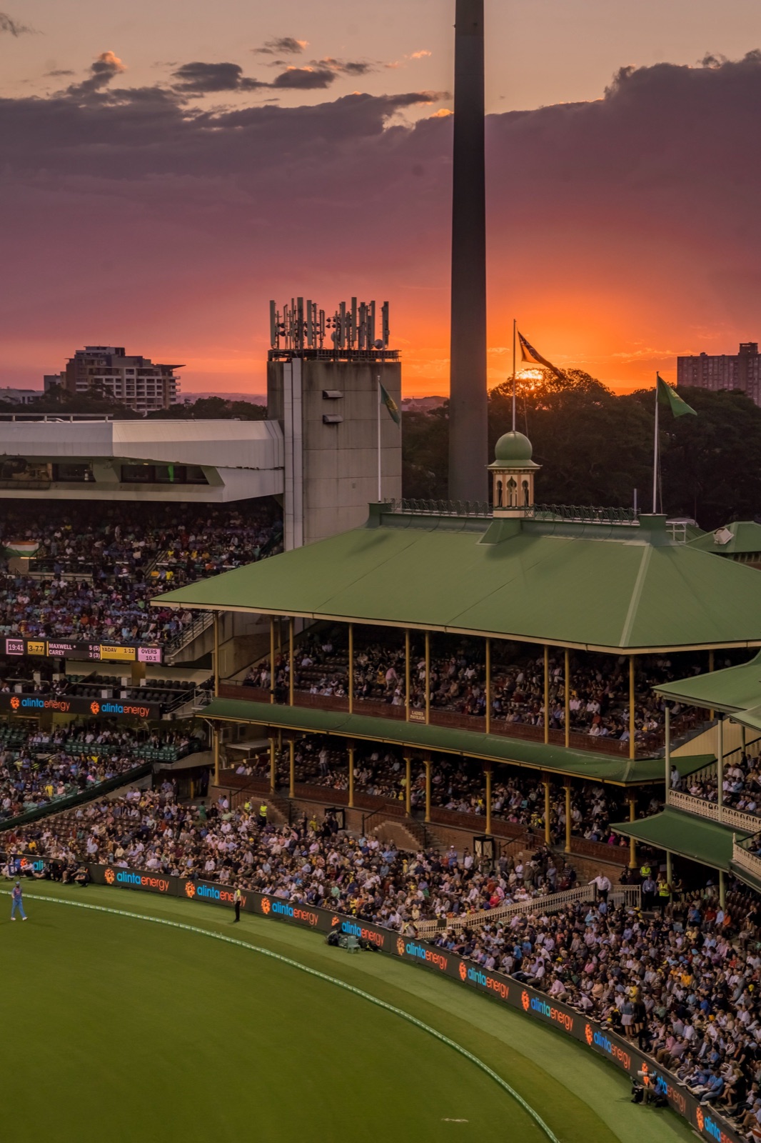 Sydney Cricket Ground Members and Ladies Stands at sunset with a full crowd, Moore Park adjacent to Paddington