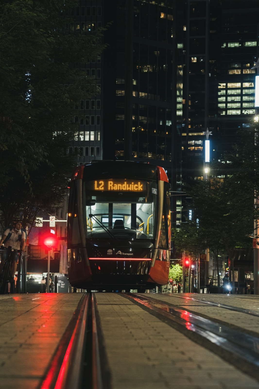 L2 light rail service to Randwick at night in the Sydney CBD, Eastern Suburbs