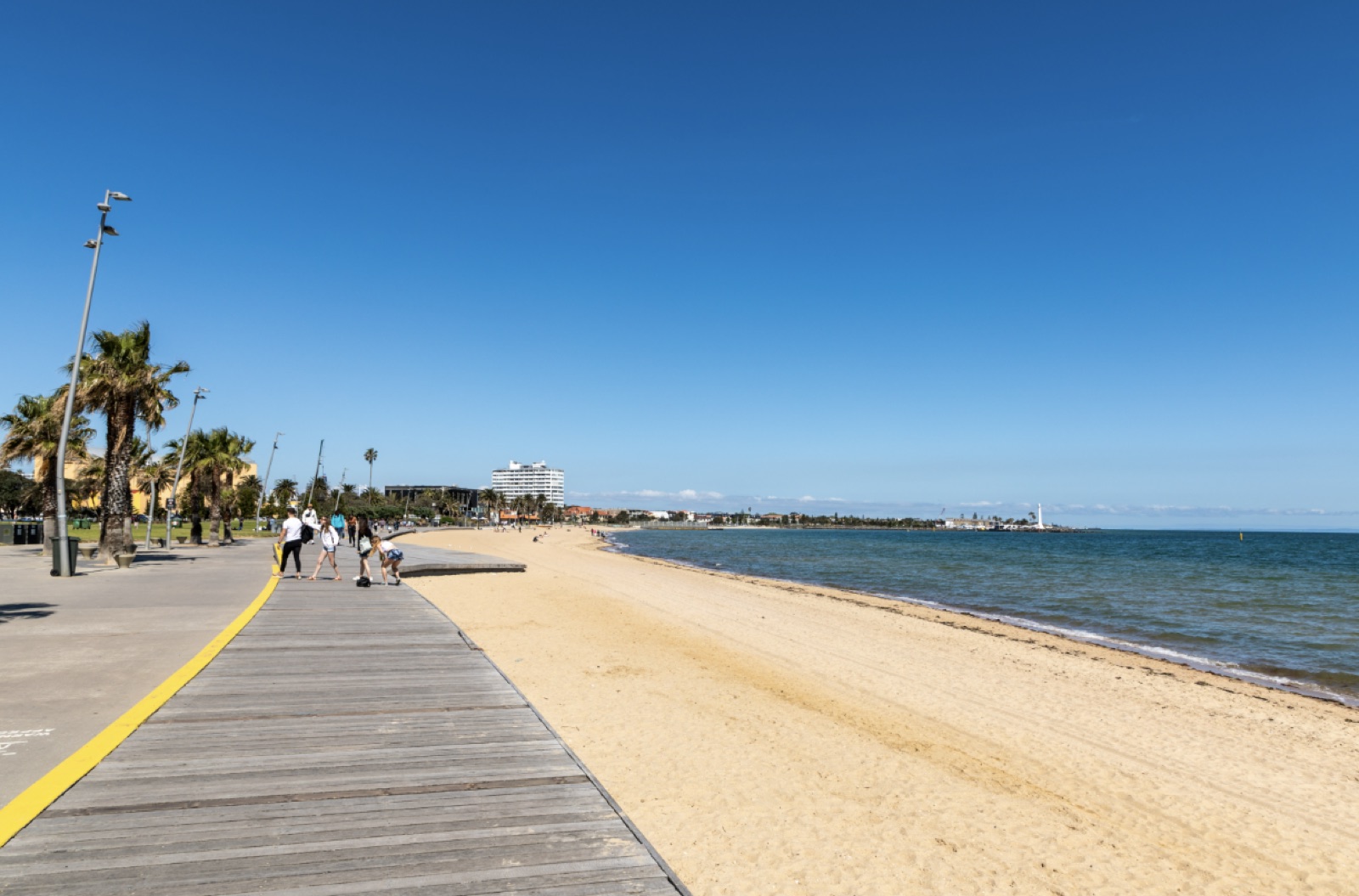 St Kilda beach and foreshore promenade with the lighthouse