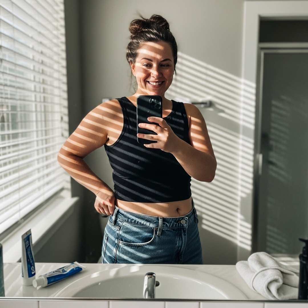 Woman celebrating weight loss progress