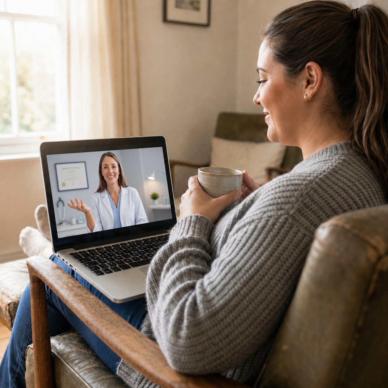 Woman at home on a telehealth consultation with a medical practitioner in a clinic