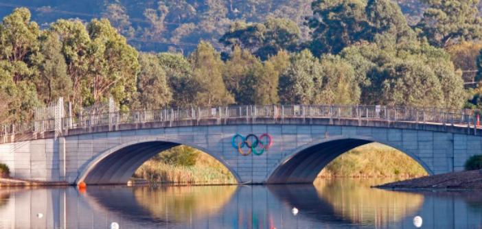 Sydney International Regatta Centre bridge with Olympic rings, Penrith NSW 2750