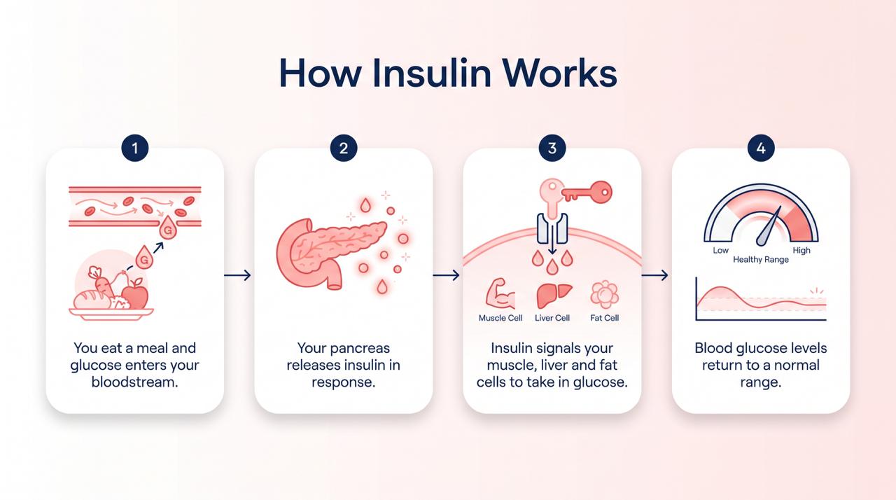 Diagram showing how insulin works: a meal raises blood glucose, the pancreas releases insulin, insulin signals muscle, liver and fat cells to take in glucose, and blood glucose returns to a normal range.